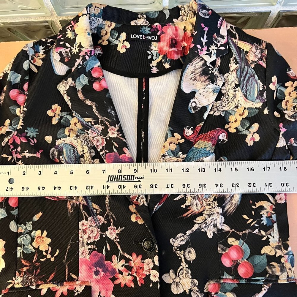 Love Women's Blazer S/M Black‎ One Button Ponte Stretch Pockets Floral Parrots - Picture 5 of 9